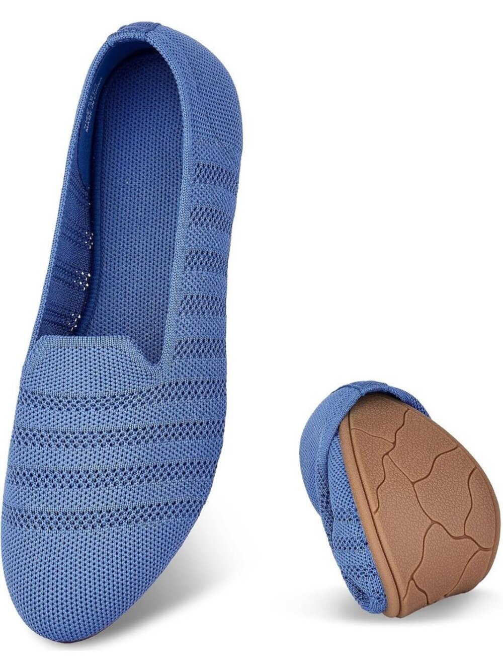 Women's Sky Blue Rubber Knit Ballet Flats Arch Support Slip On Foldable Shoes